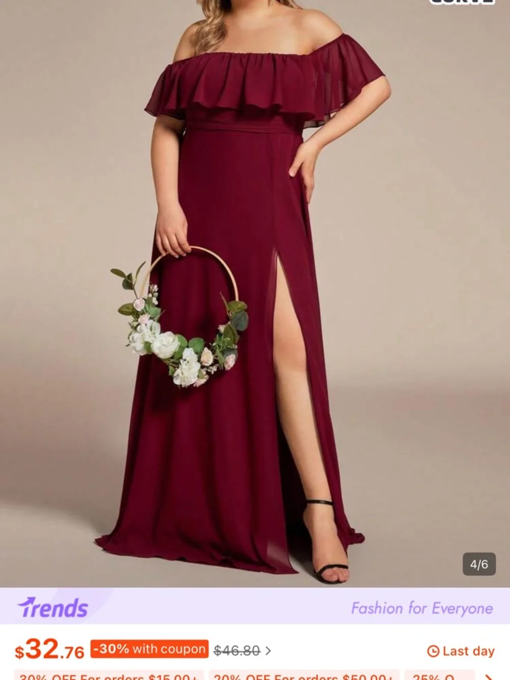 NWOT, 4XL/20 SHEIN Curve, Women's Burgundy Off-Shoulder Maxi Dress - Picture 3 of 13